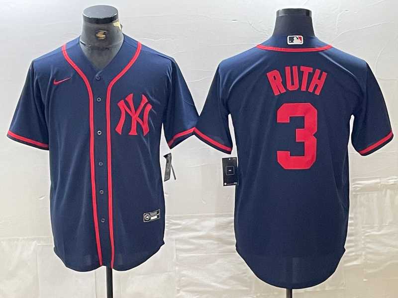 Men%27s New York Yankees #3 Babe Ruth Navy Red Fashion Cool Base Jersey->new york yankees->MLB Jersey